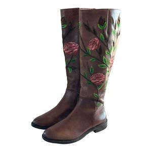 Gianni Bini Knee High Floral Embroidered Brown Leather Boots Size 6 Bohemian